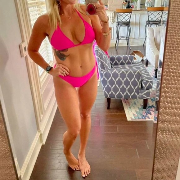 Hot Pink Preppy Womens Plain Halter Triangle Bikini Swimsuit With Cover Up - Picture 4 of 13